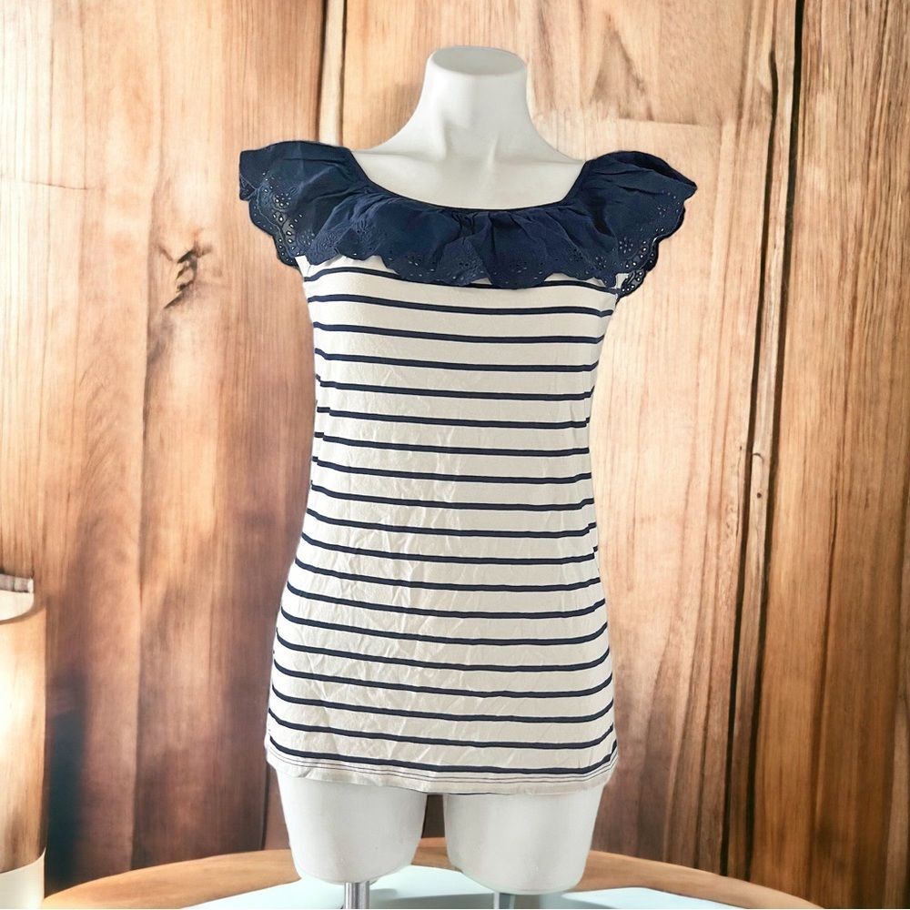 Lauren Ralph Lauren Striped Eyelet Ruffle Top, Cap Sleeve Round Neck Size XL NWT - Picture 13 of 14